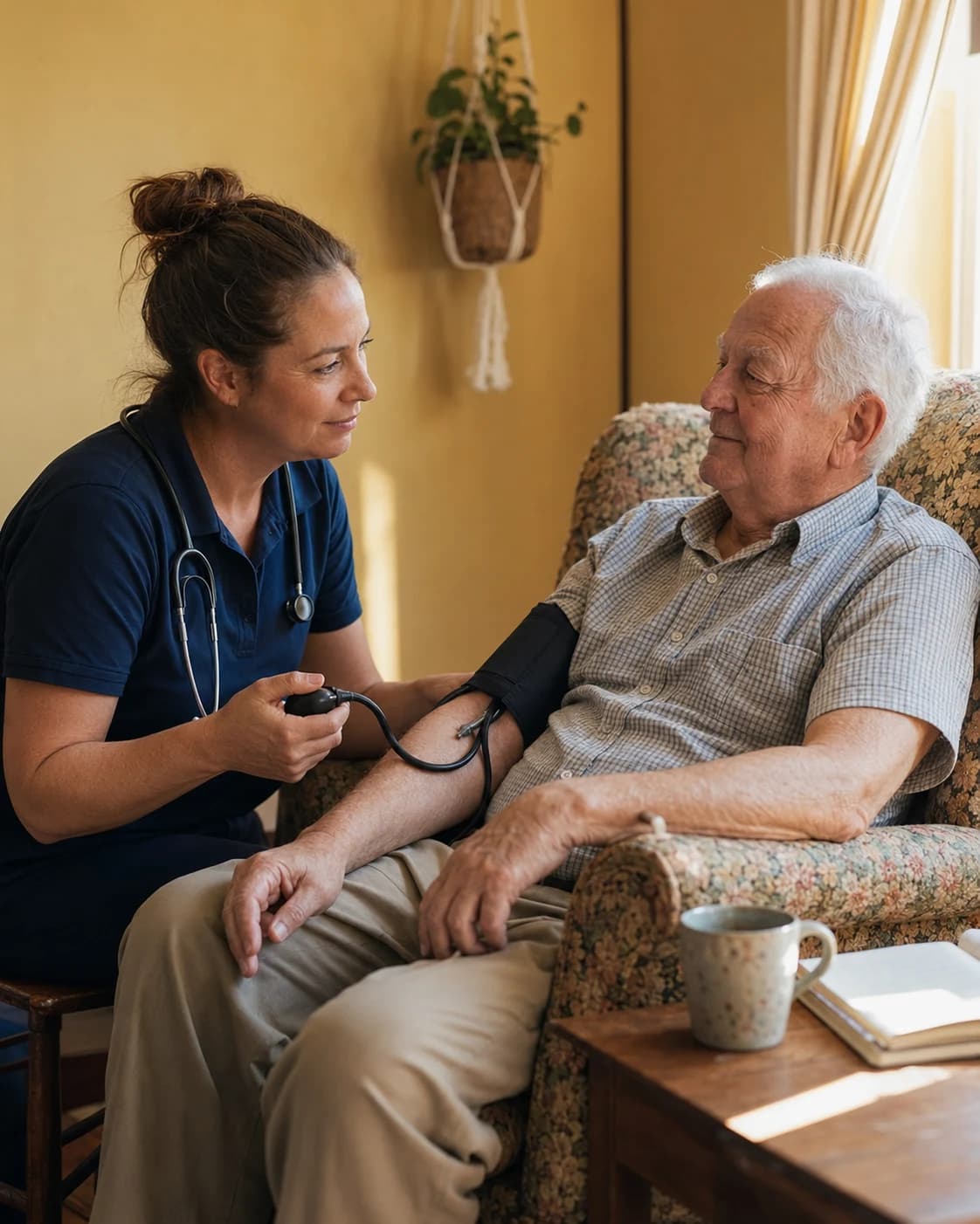 EmpAura Care community nurse taking the blood pressure of an elderly man at home, in a warm sunlit living room